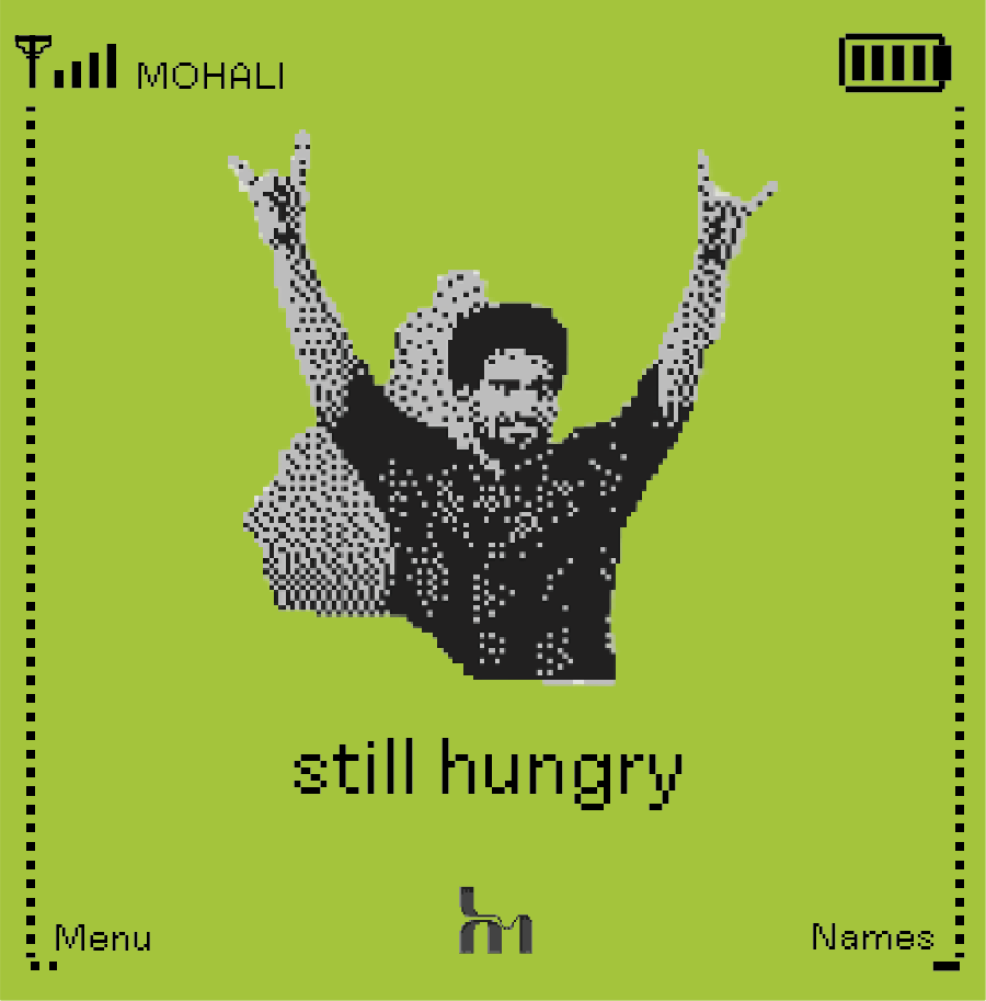 Pixel portrait of a person with both arms raised